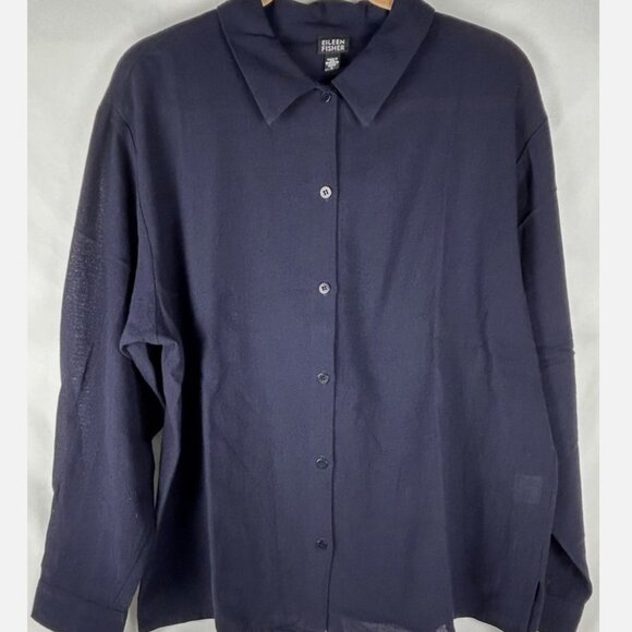 Eileen Fisher Dark Blue 100% Wool Button Front Top Womens L Lightweight - Picture 1 of 5